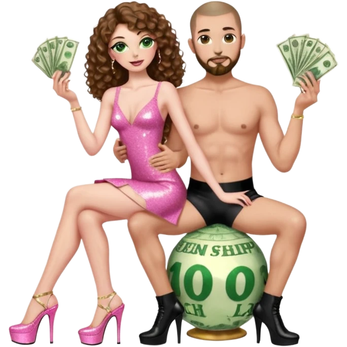 Sensual woman green eyes brown long curly hair evil occult,with 7 inch platform stripper high heels pink with glitter dress, holding a Spanish man, sitting on a buzz cut hair man’s pimp lap, holding cash emoji