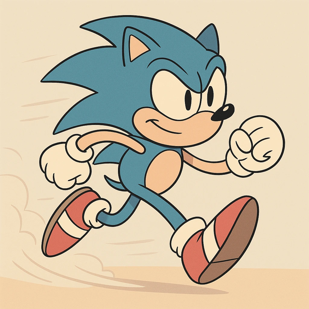Sonic the Hedgehog, running, blue spikes, red shoes, classic video game style, vibrant colors emoji