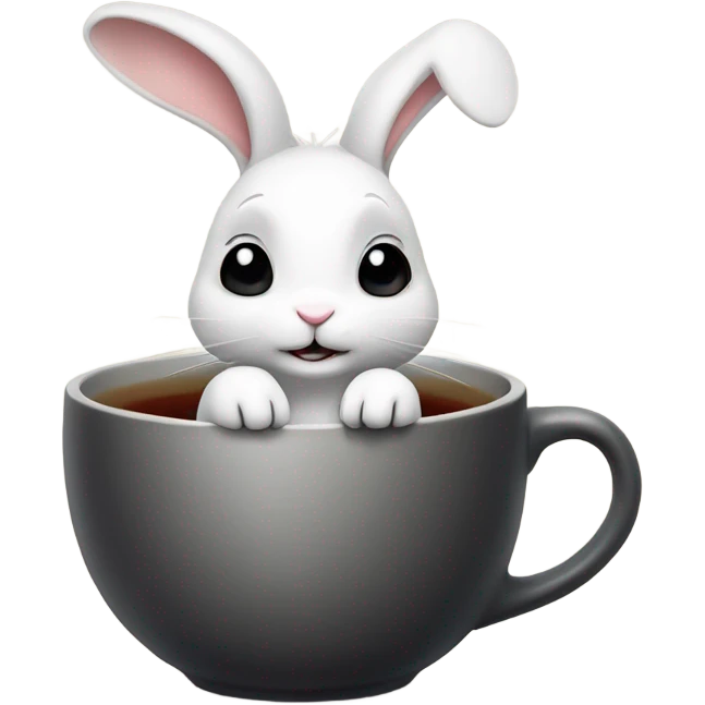 a cute white rabbit sitting and holding a ceramic cup with black tea in its paws, from which steam comes out emoji