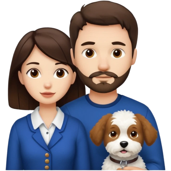 scottish man with stubble, brunette woman and one white fluffy dog emoji