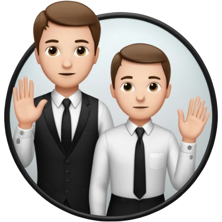 A man looking into a mirror holding his hand. He should be facing the mirror. He should be wearing a white dress shirt and a black tie. emoji