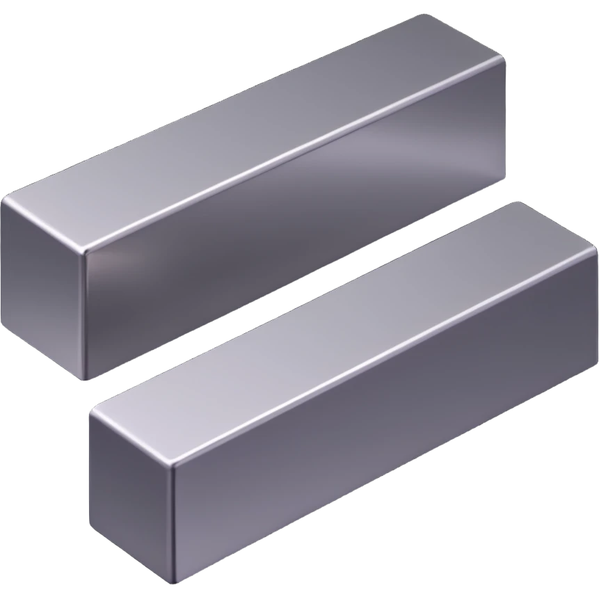 three long steel blocks, isometric view, two on the bottom and one on top, metallic shine, rectangular shape emoji