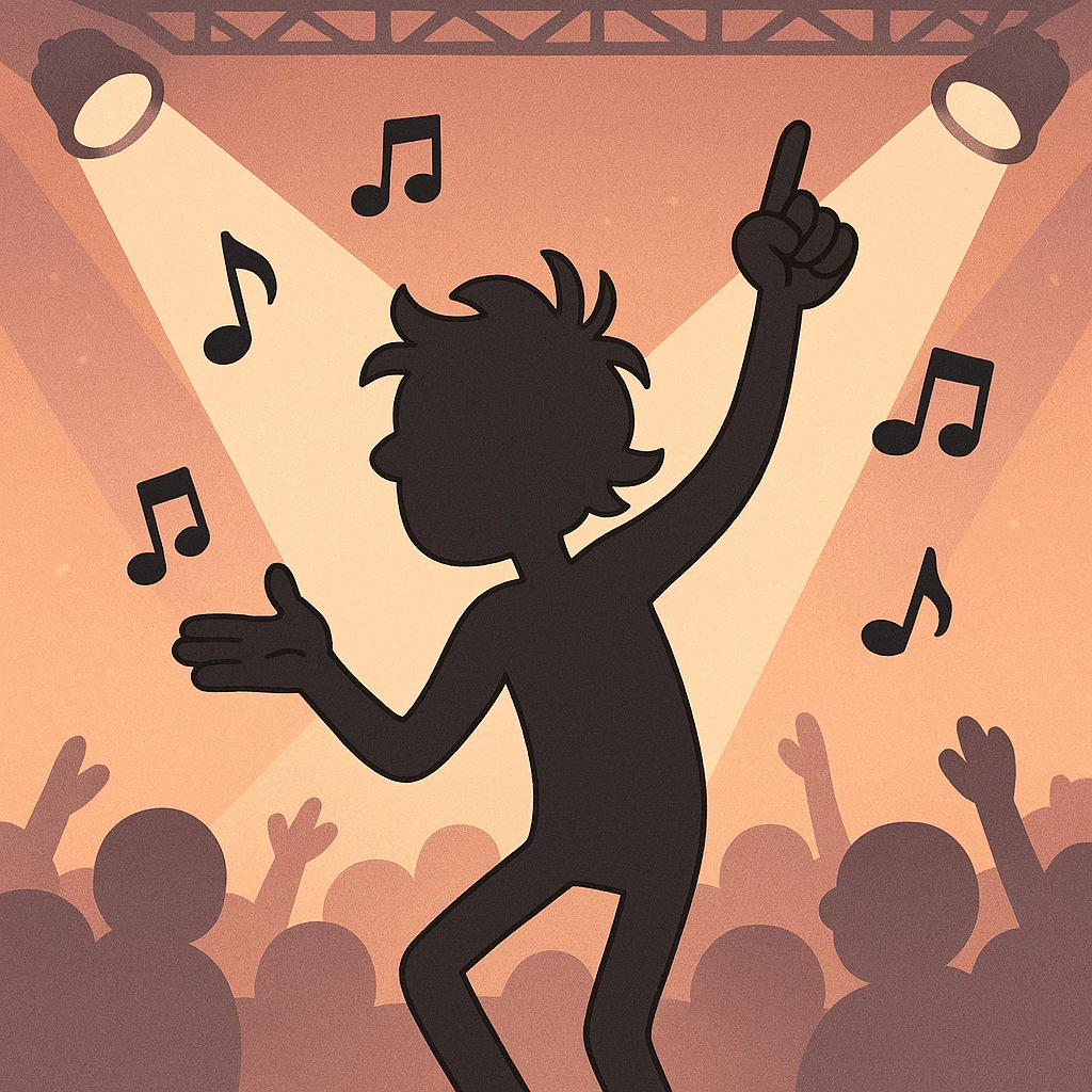 a silhouette dancing at a concert with spotlights and music notes, modern cartoon style emoji