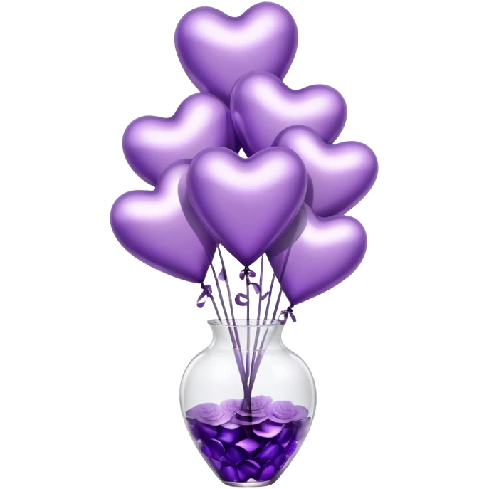 "A cluster of metallic heart-shaped balloons in varying shades of purple, floating beside a sleek glass vase filled with matching roses."
 emoji