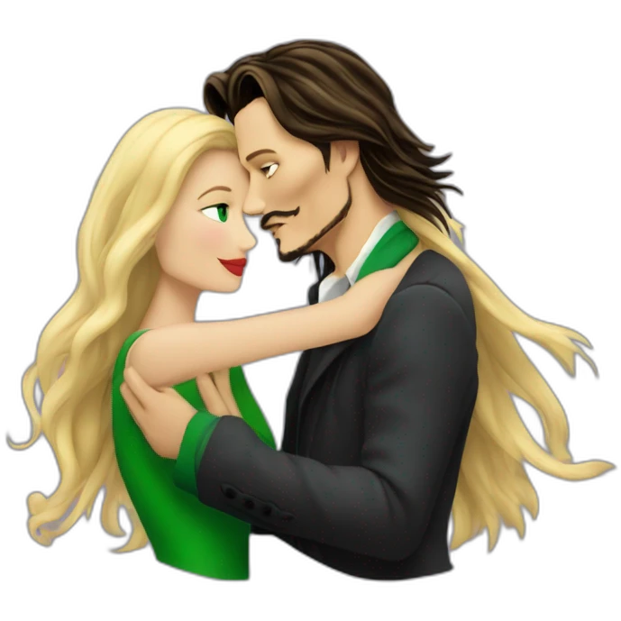 Johnny Depp dance hugging blond woman with green eyes amd very very very long hair emoji