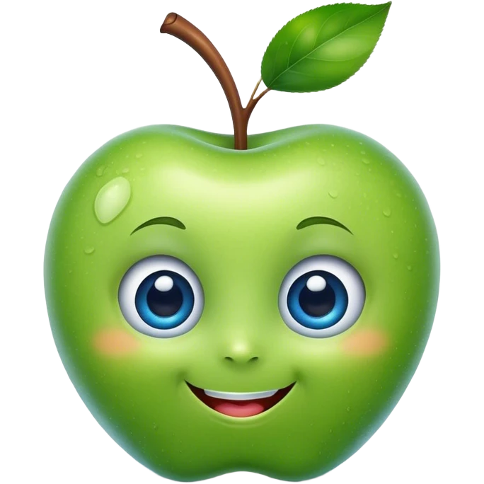 A cute green apple with a big smile and blue expressive big eyes emoji
