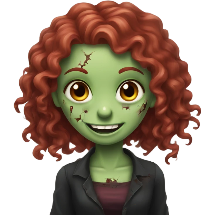 Happy zombie girl red long curly hair with both hands in the sue, black blouse emoji