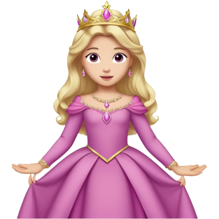 Princesa aurora Disney com vestido rosa escuro de manga comprida rosa claro com tiara pequena e dourada de corpo inteiro com olhos lilás fazendo uma pose emoji