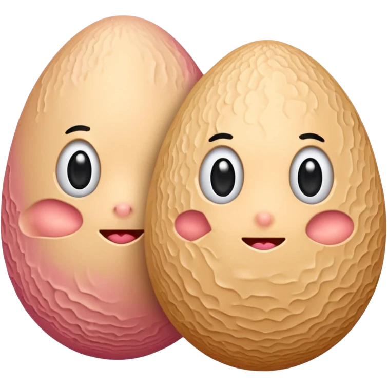 two skin tone peachy beige-pink egg shaped balls/spheres, both same size and same color, add a bumpy, loose, veiny, wrinkly skin texture with folds to both.  emoji