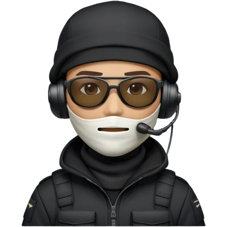 A tactical operator emoji wearing a black cap backward, a white balaclava covering the face, black tactical sunglasses, and a professional military-style headset with a microphone. The character should have a dark hoodie or tactical outfit, looking sleek and modern. emoji