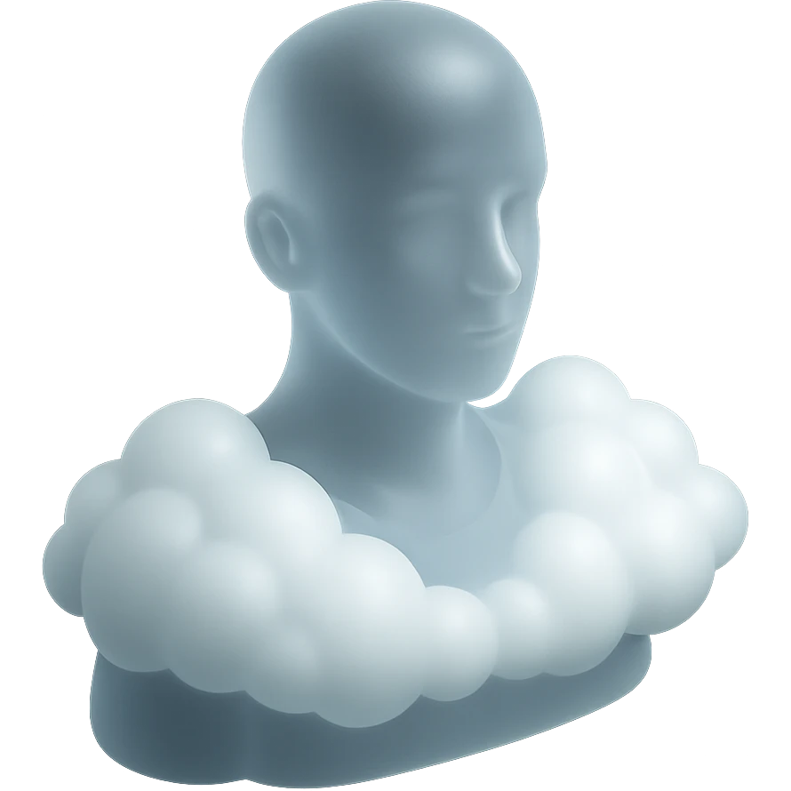 person looking straight ahead, shoulders filled with convex white fluffy clouds, matte glass style emoji
