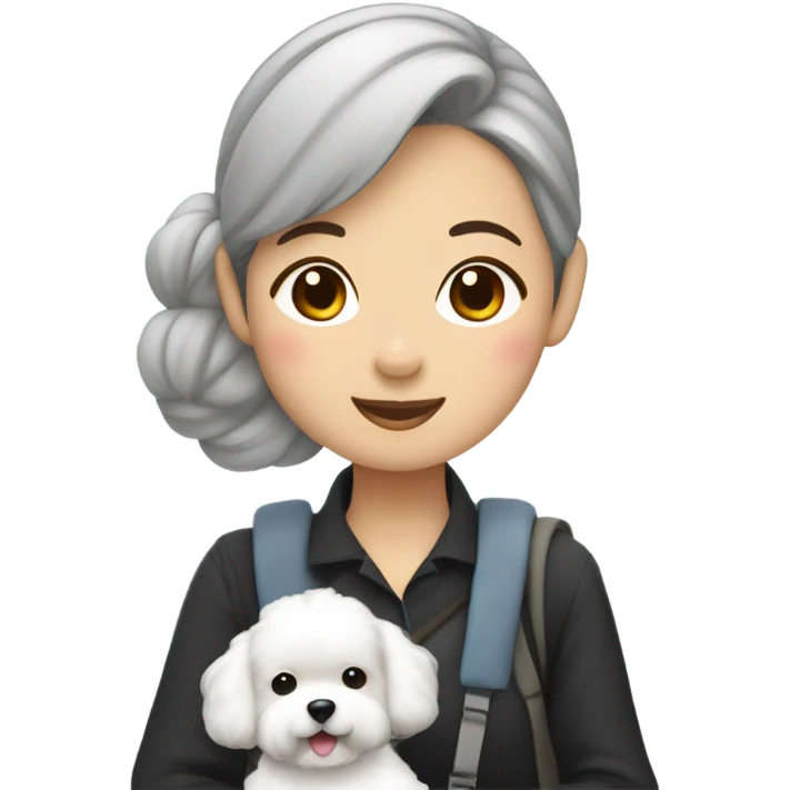 Hair-in-a-bun traveling Asian woman carrying a happy and cute Korean-style bichon frise emoji