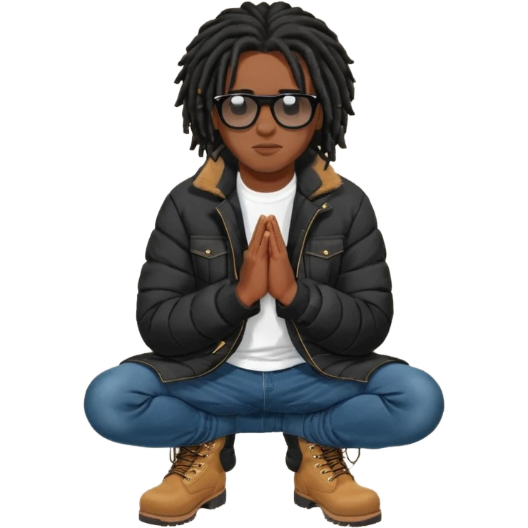 African American man brown skin complexion with black dreadlocks shoulder length wearing black bubble winter coat wearing black sunglasses with denim skinny jeans and timberland boots kneeling in prayer emoji