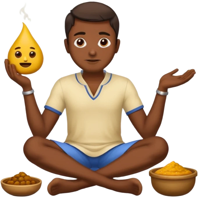 indian man sat on the floor with curry in one hand and the poop emoji in the other emoji