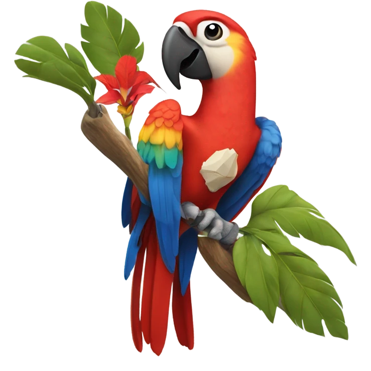 Scarlet macaw on a branch with a tooth pick and a cowboy hat emoji