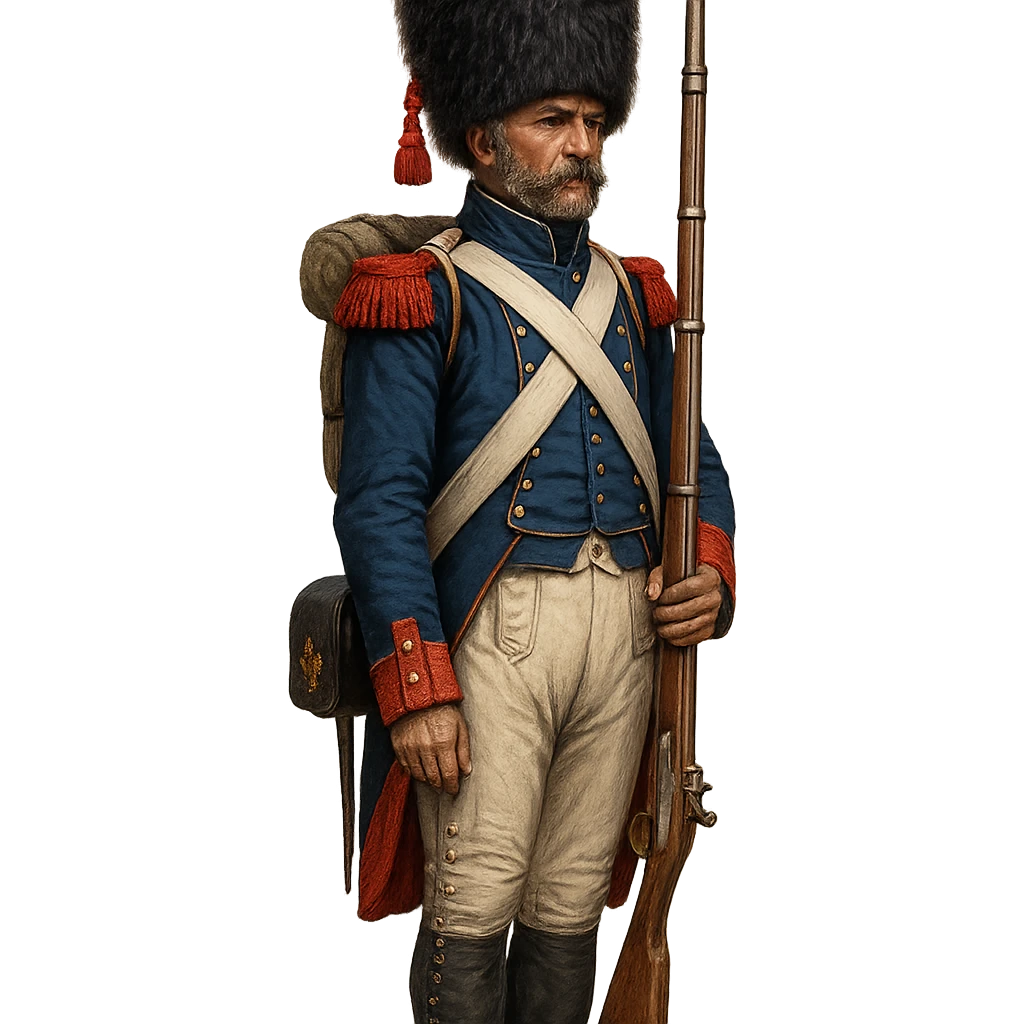 Vieille Garde soldier, Napoleonic era, blue uniform, bearskin hat, standing at attention, detailed, historical emoji