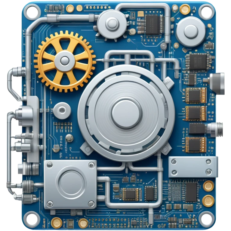 An icon featuring a giant machine soldering a huge microchip, symbolizing engineering. The design includes mechanical gears, circuit boards, and a blueprint, representing the precision and innovation in designing and building technology. Transparent background highlights the art of engineering emoji