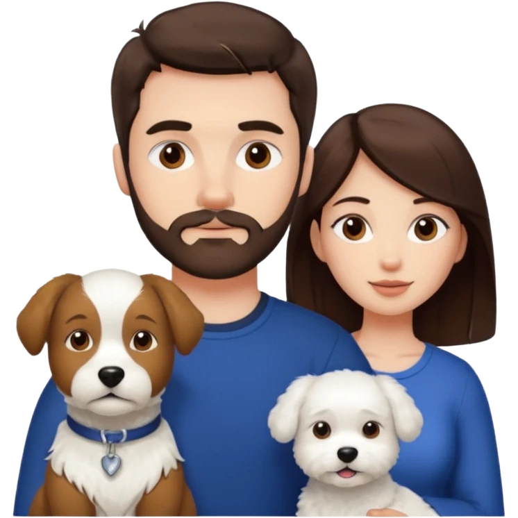 scottish man with stubble, brunette woman and one white fluffy dog emoji
