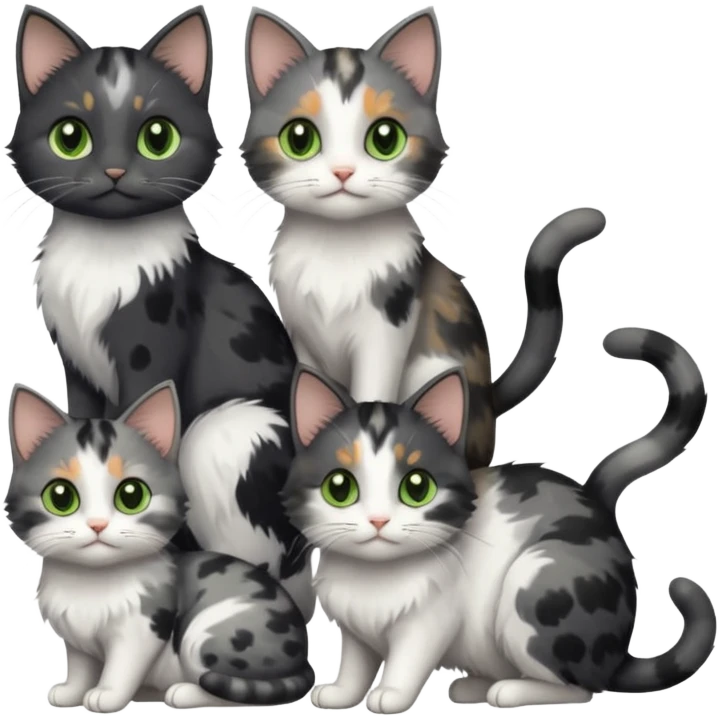 3 different coloured small cats including a dark grey and white, and a patchy calico with hazel eyes and a completely solid dark grey with green eyes and only white paws emoji