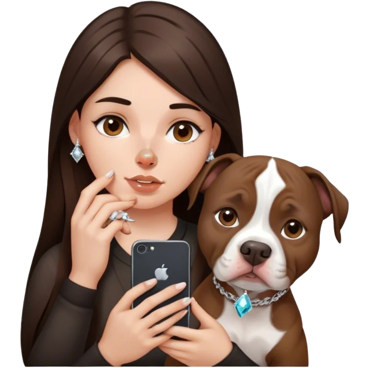 ￼ a young girl with long dark brown hair cascading down her face. It’s with her phone in her hands, sitting next to her pitbull with a small diamond nose ring in her nose. emoji