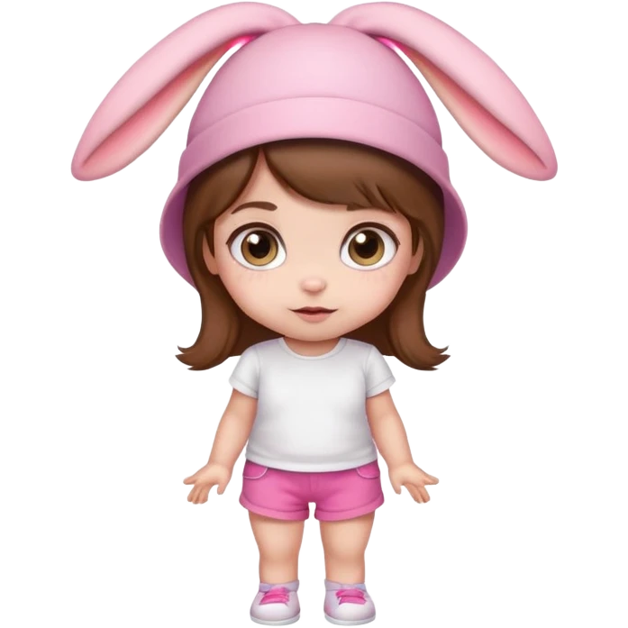 Cute emoji baby girl with big eyes, brown hair, bunny ear pink hat, white t-shirt and pink shorts. emoji