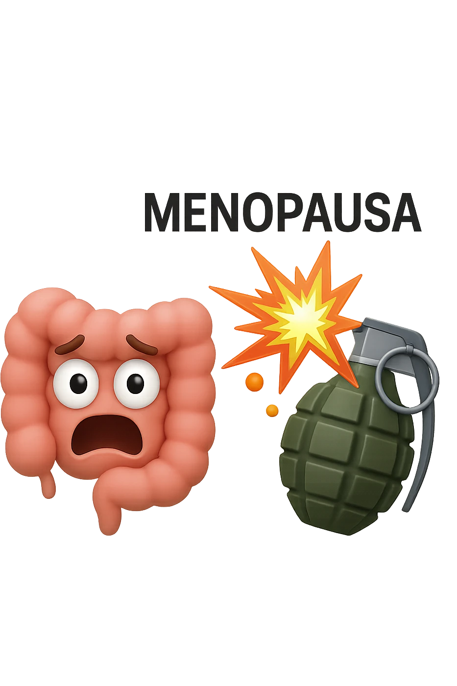 EMOJI STILE IPHONE 3D DI INTESTINO 3D CON ESPRESSIONE SPAVENTATA IN VOLTO MENTRE ACCANTO A LUI SCOPPIA UNA GRANATA 3D CON LA SCRITTA "MENOPAUSA" SOPRA, FAGLI ANCHE LA PARTE BIANCA DEGLI OCCHI, NON SOLO LA PUPILLA emoji