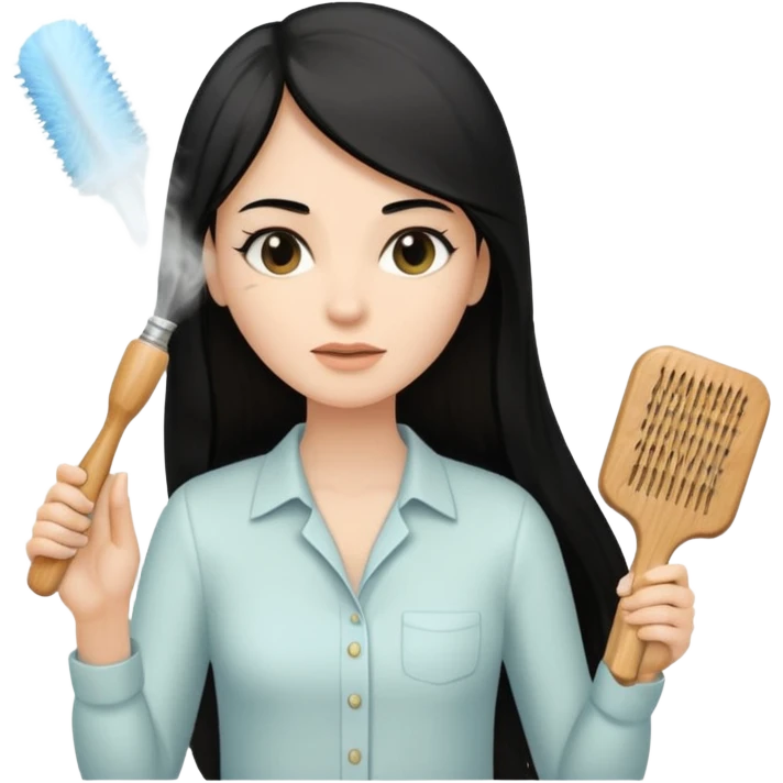 A white woman with long, straight black hair, wearing an ivory-colored shirt, holding a small square wooden paddle hairbrush in her left hand and spraying a hair mist bottle with her right hand toward her hair. emoji