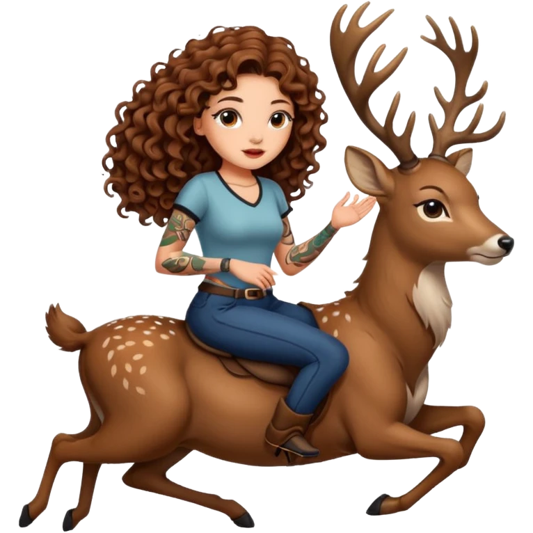 cute woman long curly brown hair tattoos riding calm deer emoji