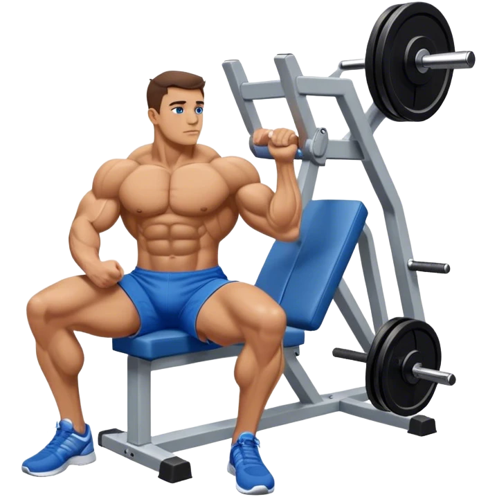 side-view bodybuilder in blue shorts seated weighted calf-raise machine on his tip toes emoji