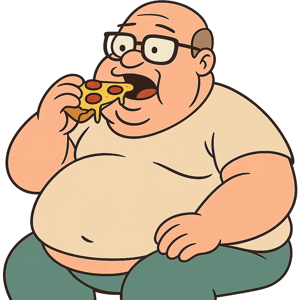 flat toon style of a very fat bald man with glasses eating pizza emoji