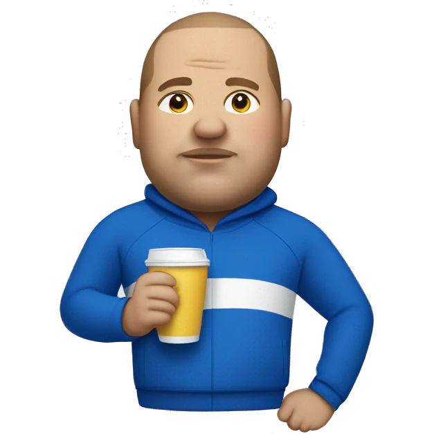 fat man in blue sweatsuit with white stripe sipping cup emoji