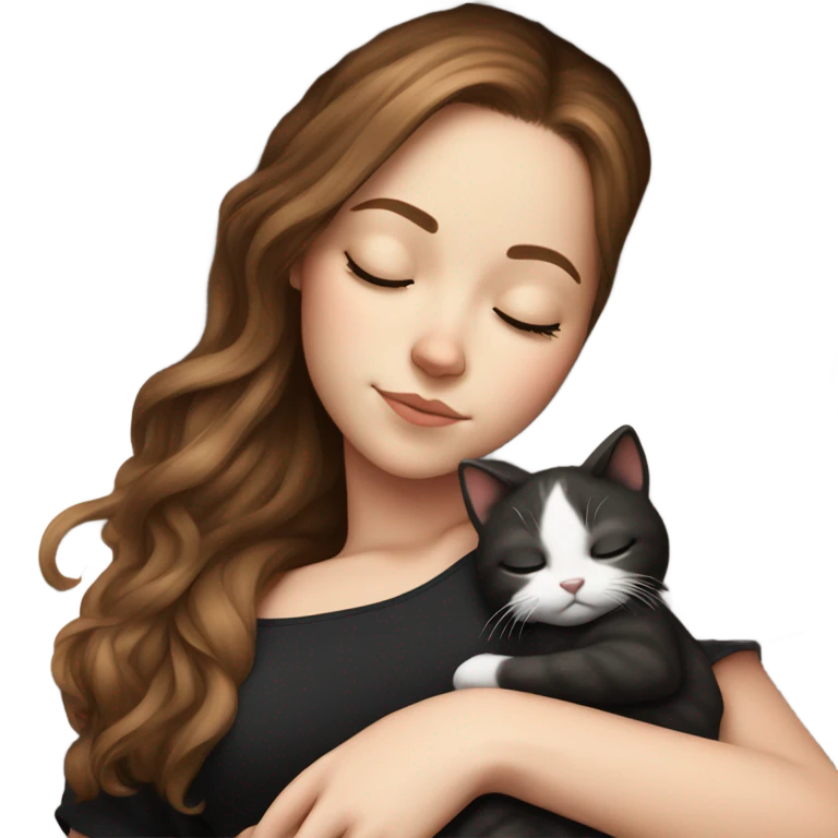 White girl brown hair sleeping with black and white kitty emoji