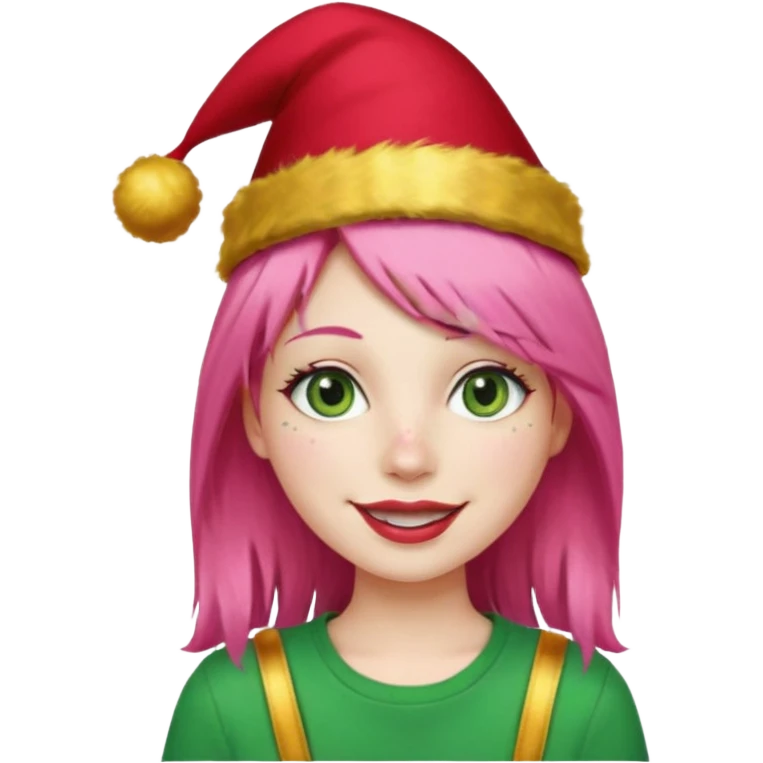 Create a girl with pink hair and green eyes with long eyelashes and a smiley face. She has freckles in her face and a lit of bit of lipstick on her mouth, she’s also got gold birthday hat on her head with gold pom poms on top of it, and her T-shirt is red emoji