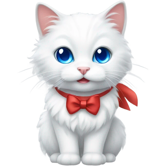 white fluffy cat with grey ears and blue eyes and a red bow emoji