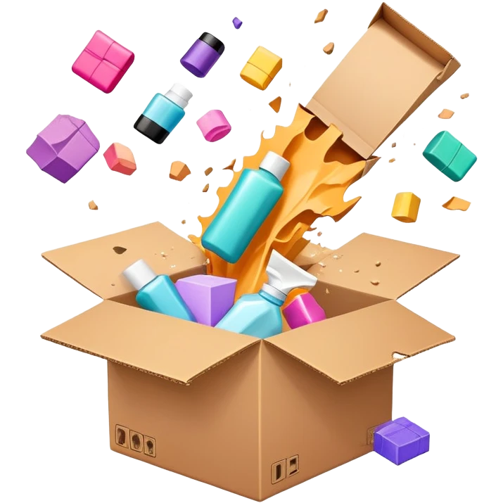 exploding cardboard box with beauty products flying out emoji