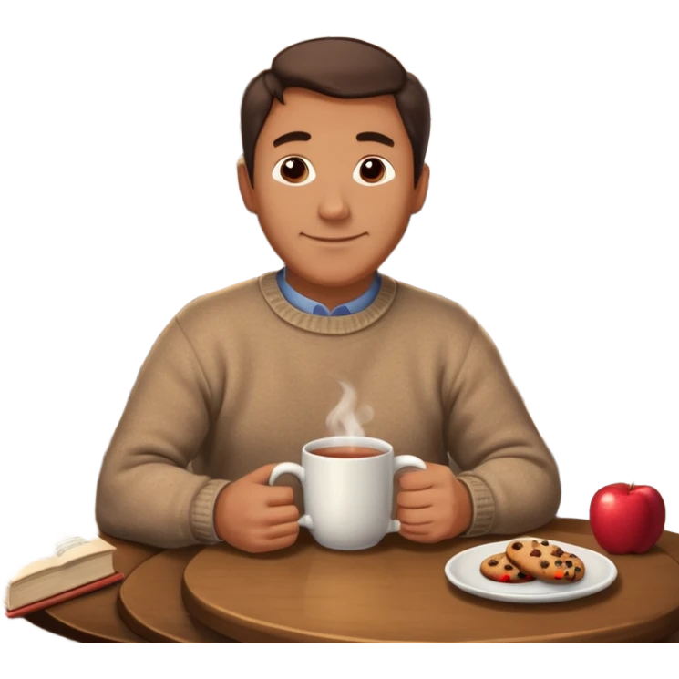 Cozy handsome 45 year old man sitting next to a nice fireplace with a hot apple cider, book, and plate of chocolate cookies. emoji