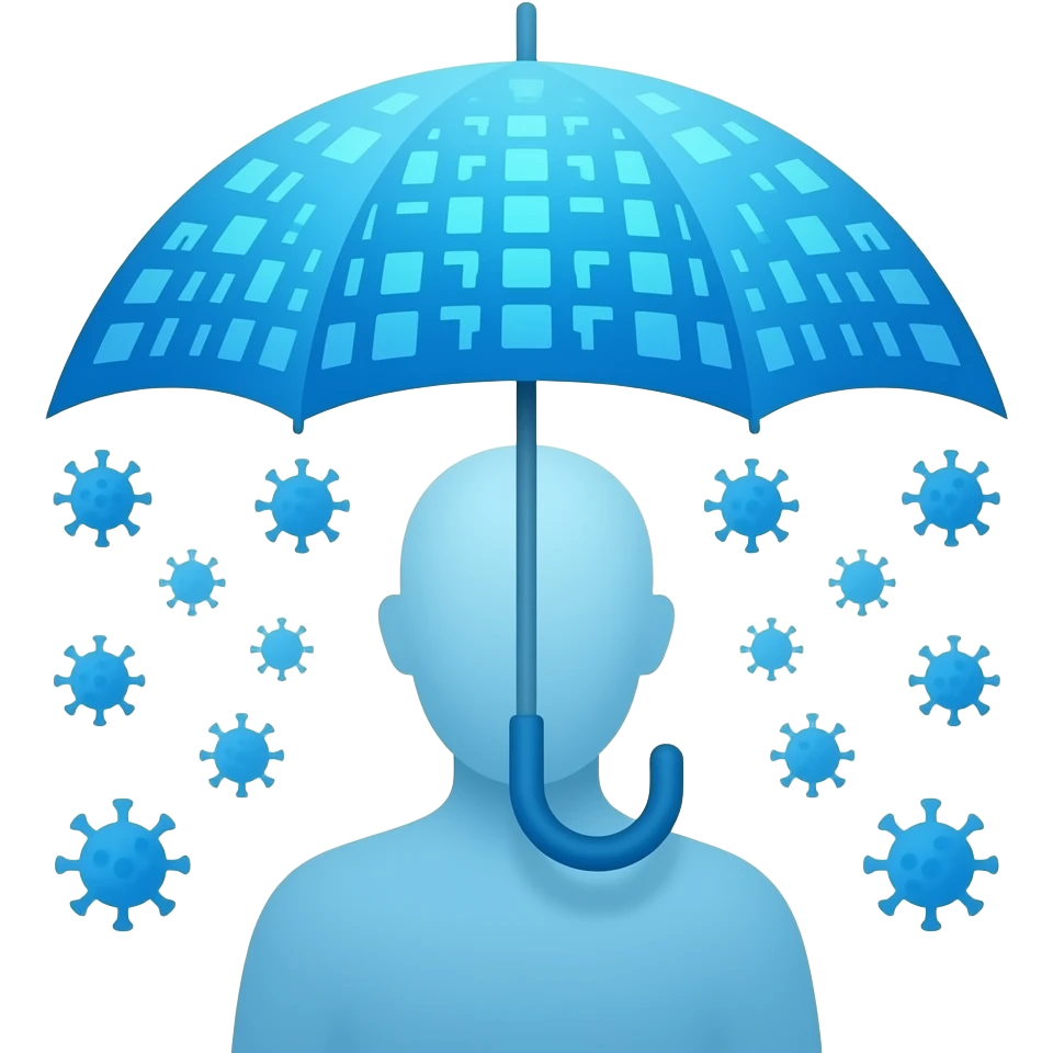 Modern icon showing a human silhouette with a glowing blue digital umbrella over its head, protecting it from falling data points shaped like stylized virus or disease symbols, preventive medicine concept, sleek clean design, vector art, colorful, light blue tones. emoji