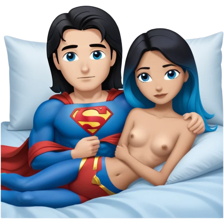 Art of woman's very  body scheme anatomy-bare shoulders- bare stomach and front-blue eyes-very long straight black to blue hair ombre-front-leaning at male superman smooth body to her side-laying in bed emoji