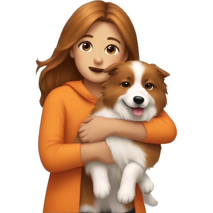 Girl with brown hairs hugs orange spitz nain emoji