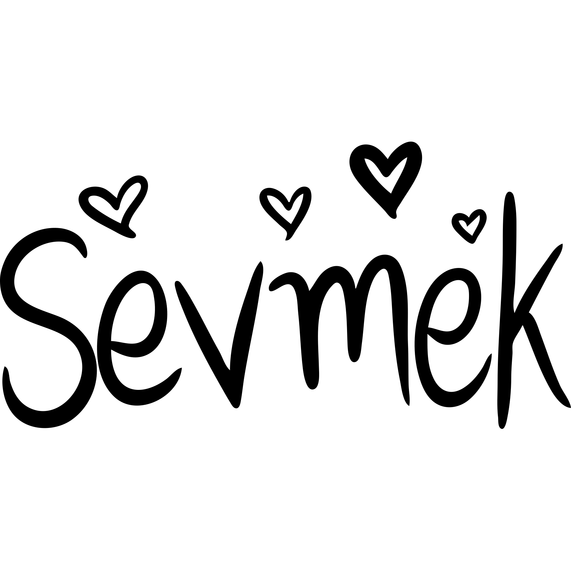 A hand-drawn style icon featuring the word "Sevmek" with love symbols like hearts emoji