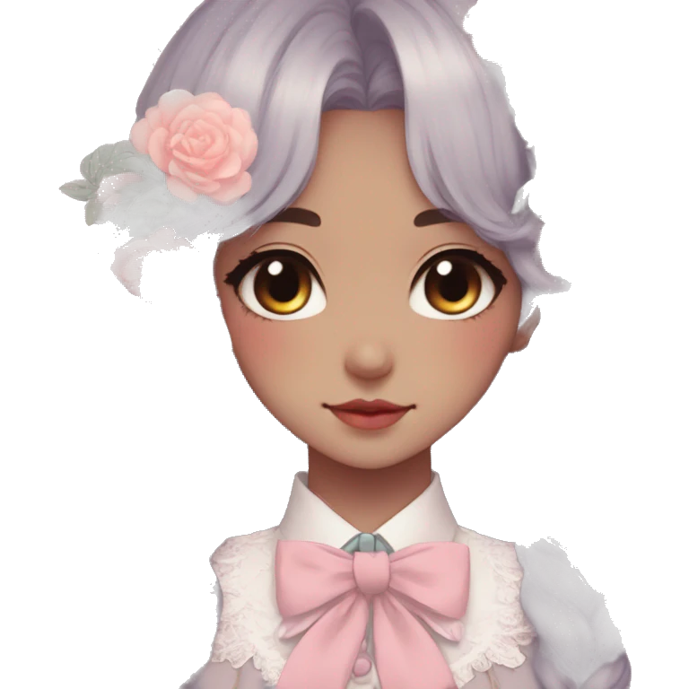 Gorgeous pastel anime style lady with blushing face and flowers and laces and bow ties and pretty hair aesthetic trending style emoji