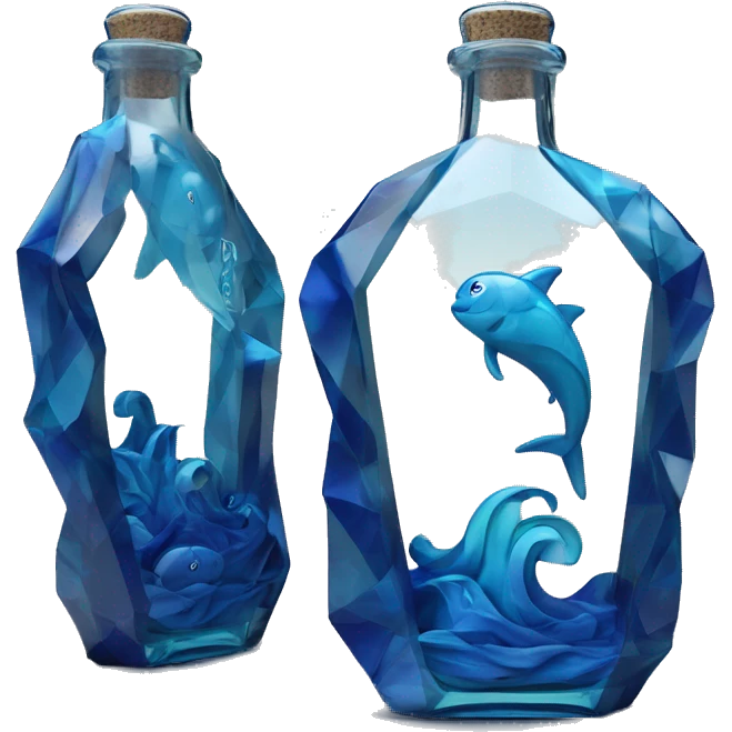 symbolic ocean in a bottle sculpture symbolizing Pisces with a geometric, faceted design. The bottle is standing upright with angular and baroque features. The vibrant deep blue waves colors highlights the sharp edges and planes.  emoji