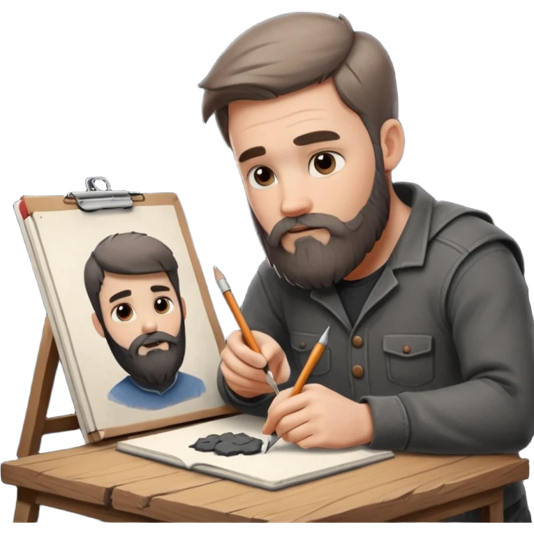 Bearded man  drawing boy character with charcoal in sketchbook emoji