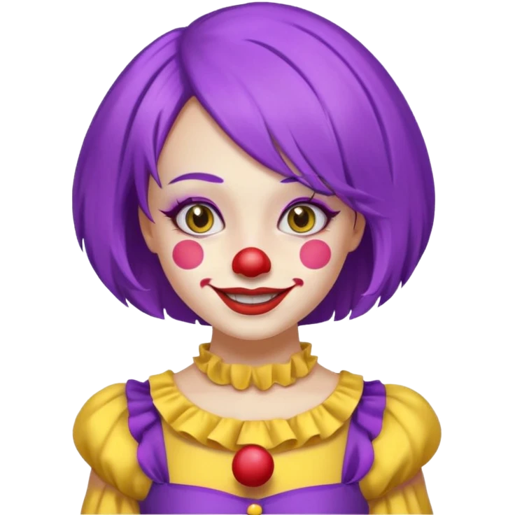 Clown girl with the human style. Has a purple wig, simple makeup, and a yellow dress emoji