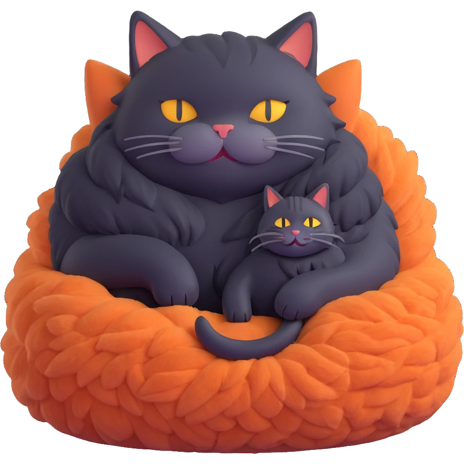 giant fluffy cat curled up with a small cozy happy human sitting in the middle, peaceful and warm scene emoji