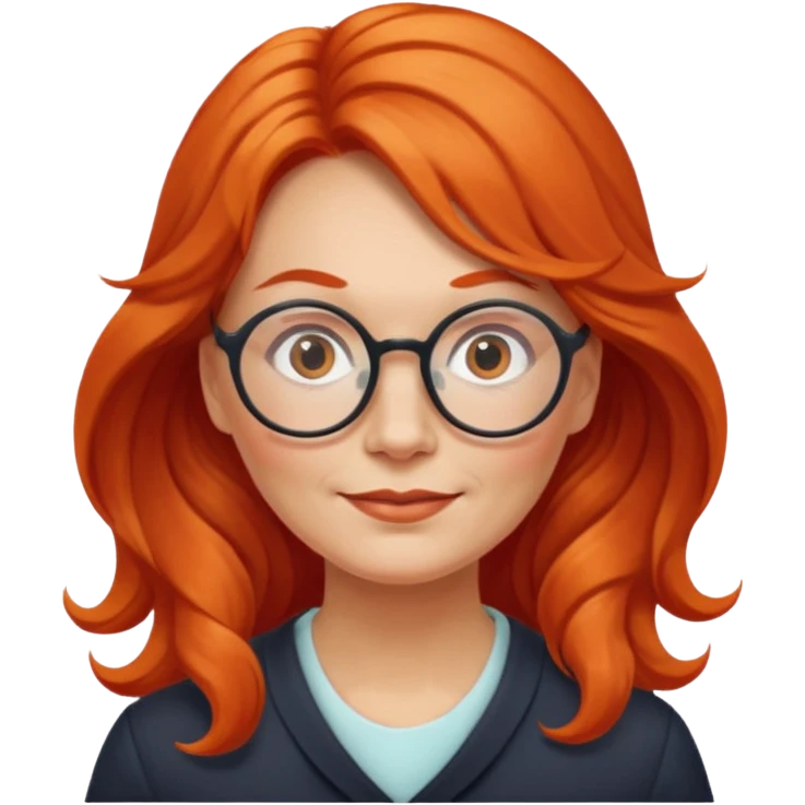 Norwegian woman, middle-aged, long wavy orange-red hair tied to the left, big round glasses emoji