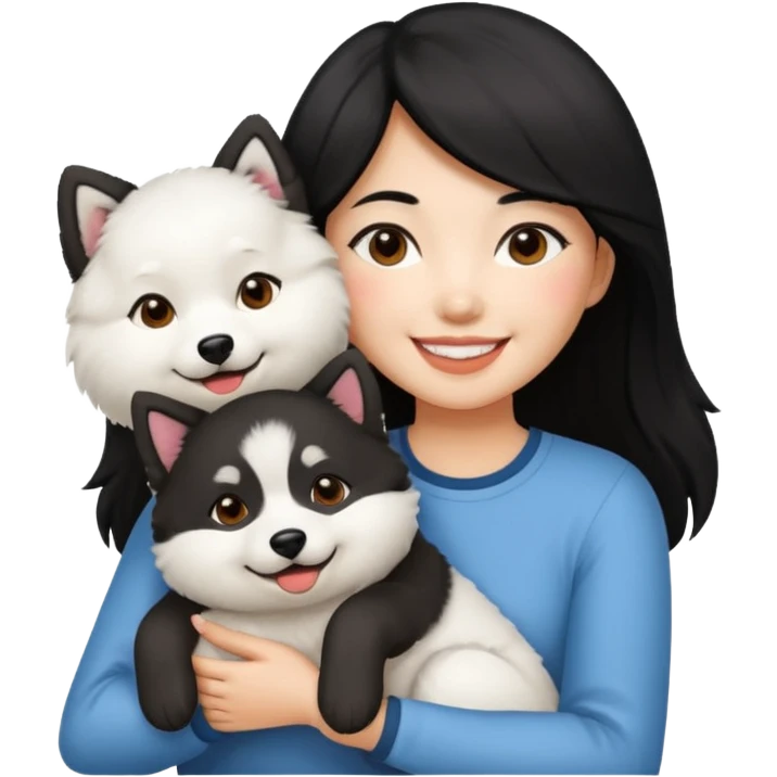 A black hair asian girl with a bright skintone holding a samoyed dog emoji