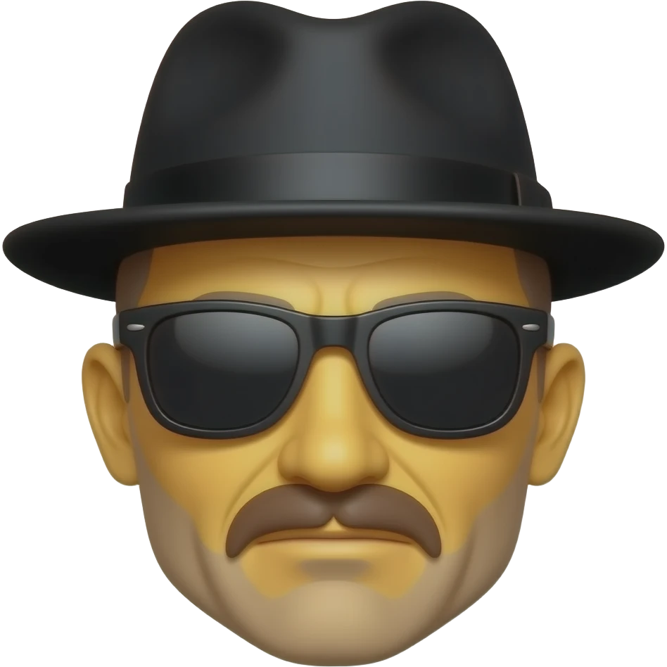 Very Yellow like a classic emoji, Heisenberg as a face emoji, with the black flat hat, while bald, with sunglasses emoji