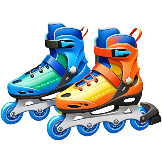 An icon featuring a pair of colorful inline rollerblades resting on a park path. The background showcases winding park pathways, lush green trees, and vibrant flowers along the way. The scene radiates a sense of freedom and outdoor activity under a clear blue sky. Transparent background emoji