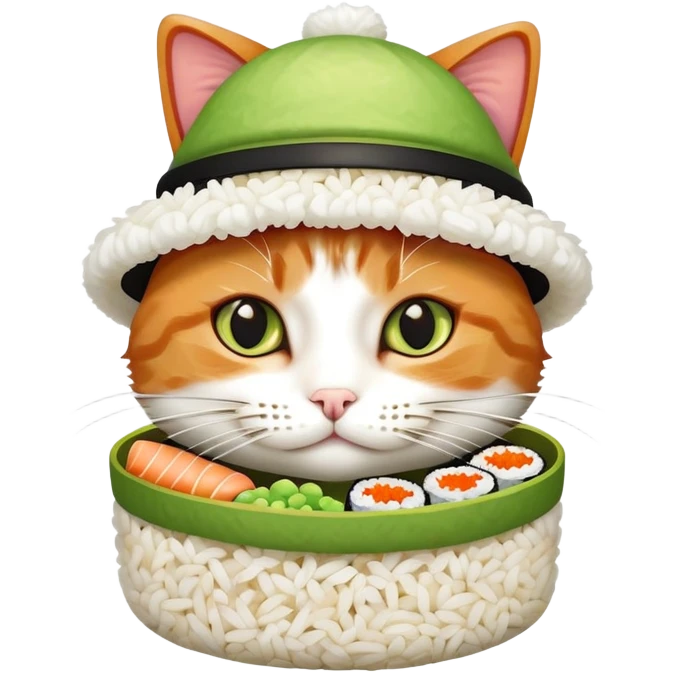 cat wearing a sushi hat with rice base, multiple fish pieces on top, wasabi accent, and soy sauce dripping, sushi hat with sauce emoji
